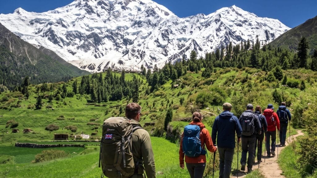 Trekking group on the trail into Fairy Meadows with Nanga Parbat ahead