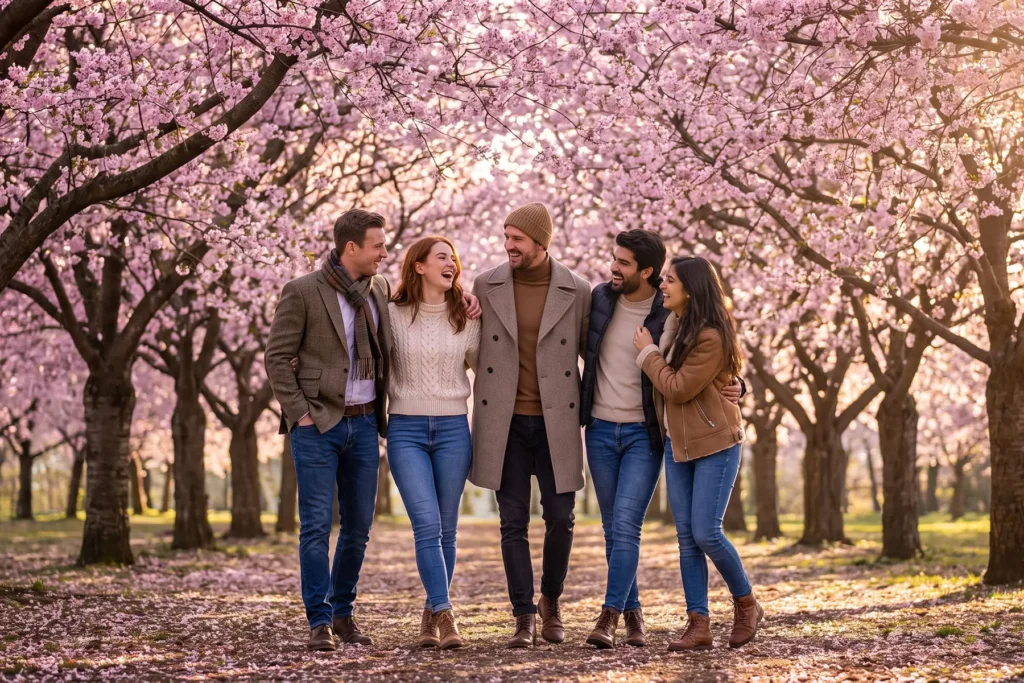 Friends walking an avenue of blossom trees in spring