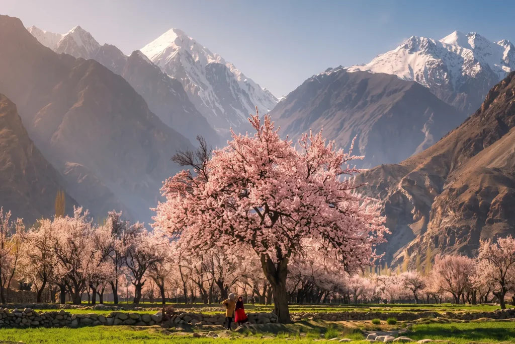 Giant pink blossom tree in an orchard below rocky peaks
