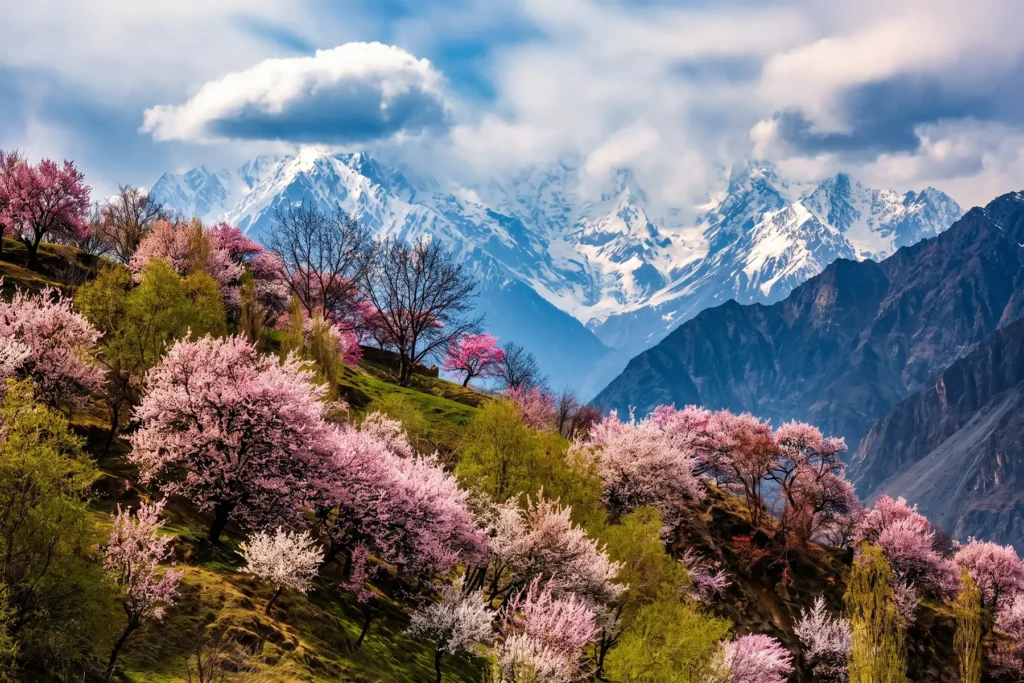 Hillside of spring blossoms below a jagged snow range