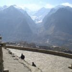 View over Karimabad, the Hunza valley and surrounding snow peaks from a balcony of Baltit Fort