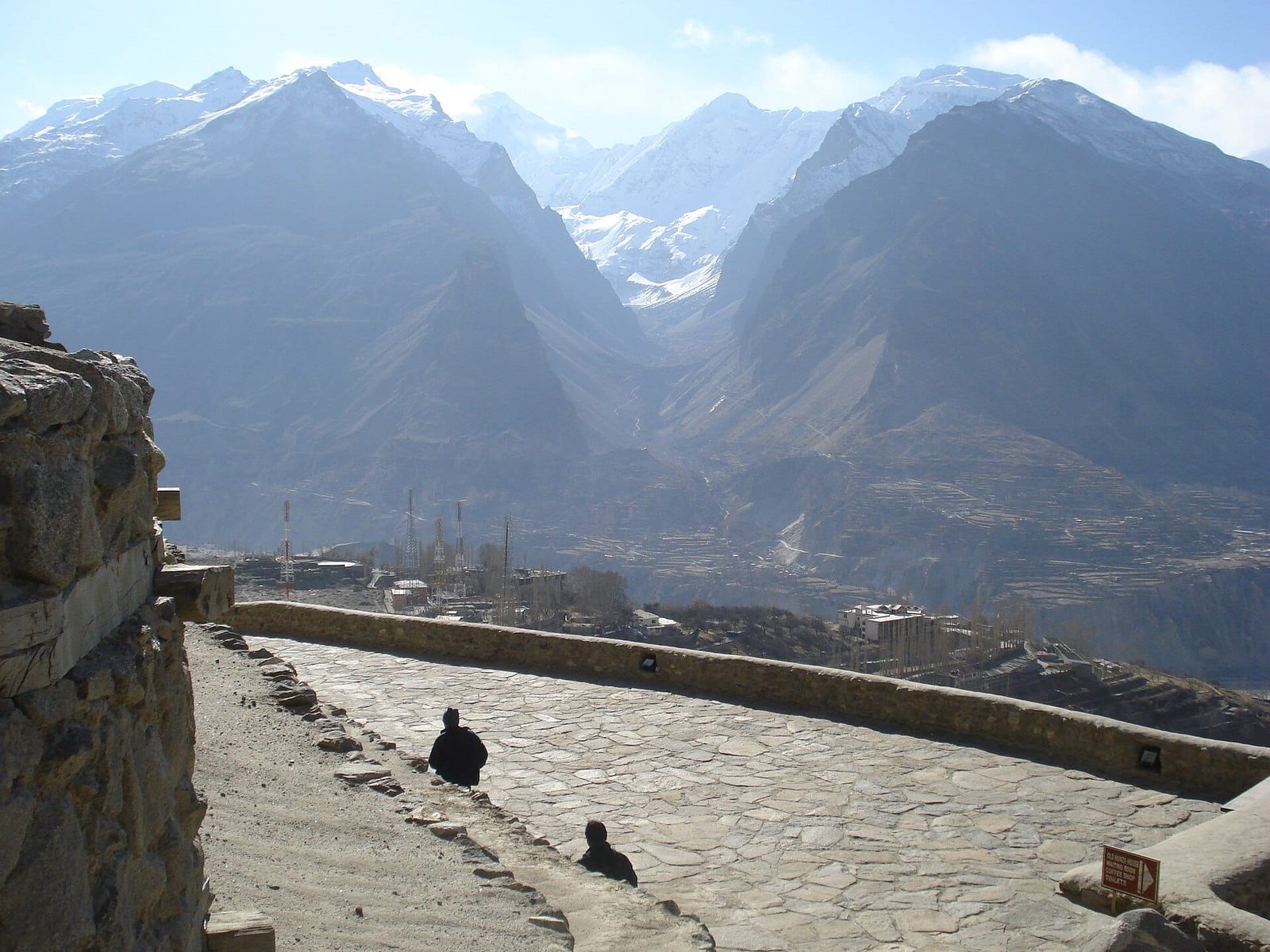 View over Karimabad, the Hunza valley and surrounding snow peaks from a balcony of Baltit Fort