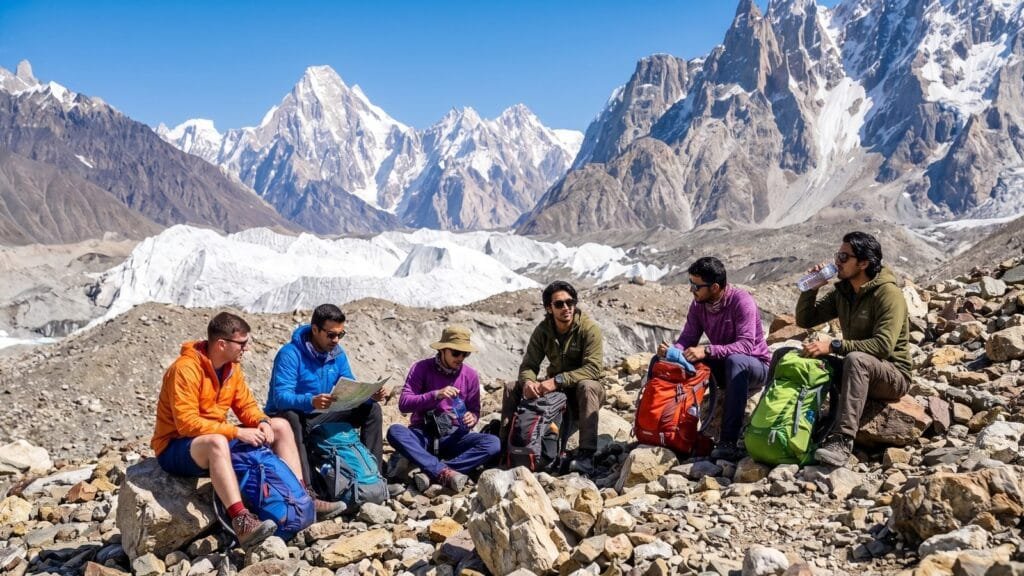 Trekkers resting on the Baltoro Glacier with the Gasherbrum peaks behind