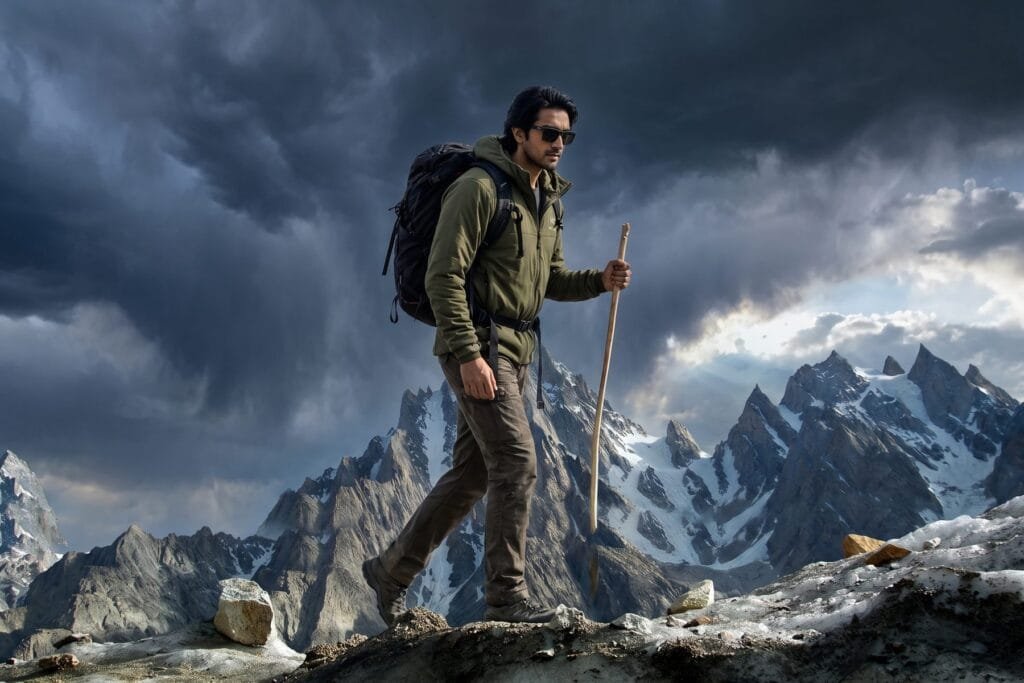 Trekker on the Baltoro under storm light, Karakoram spires behind
