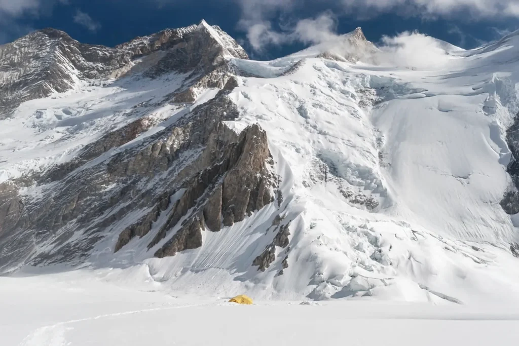 Hanging seracs on a Karakoram ice face above a glacier camp