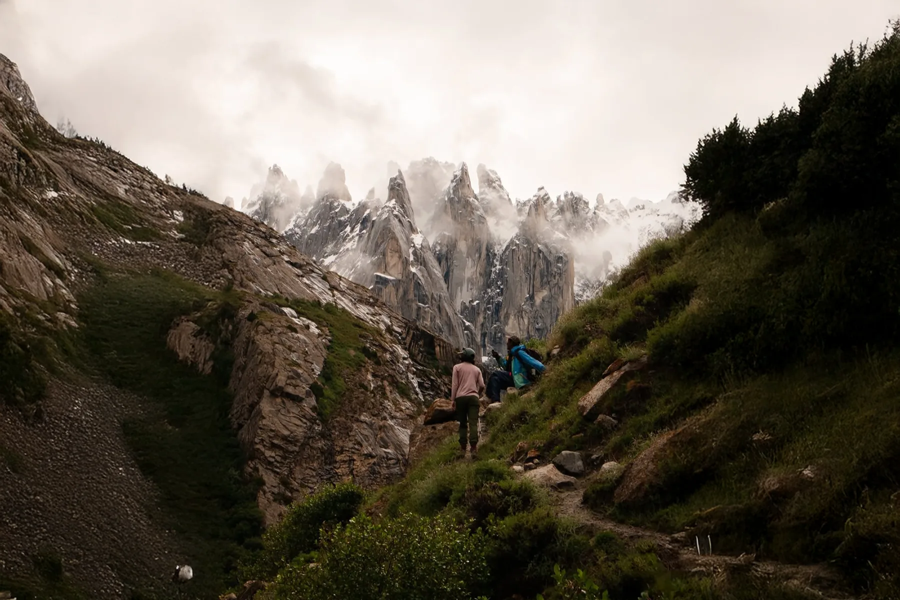 Excursionistas en un sendero verde caminando hacia agujas de granito