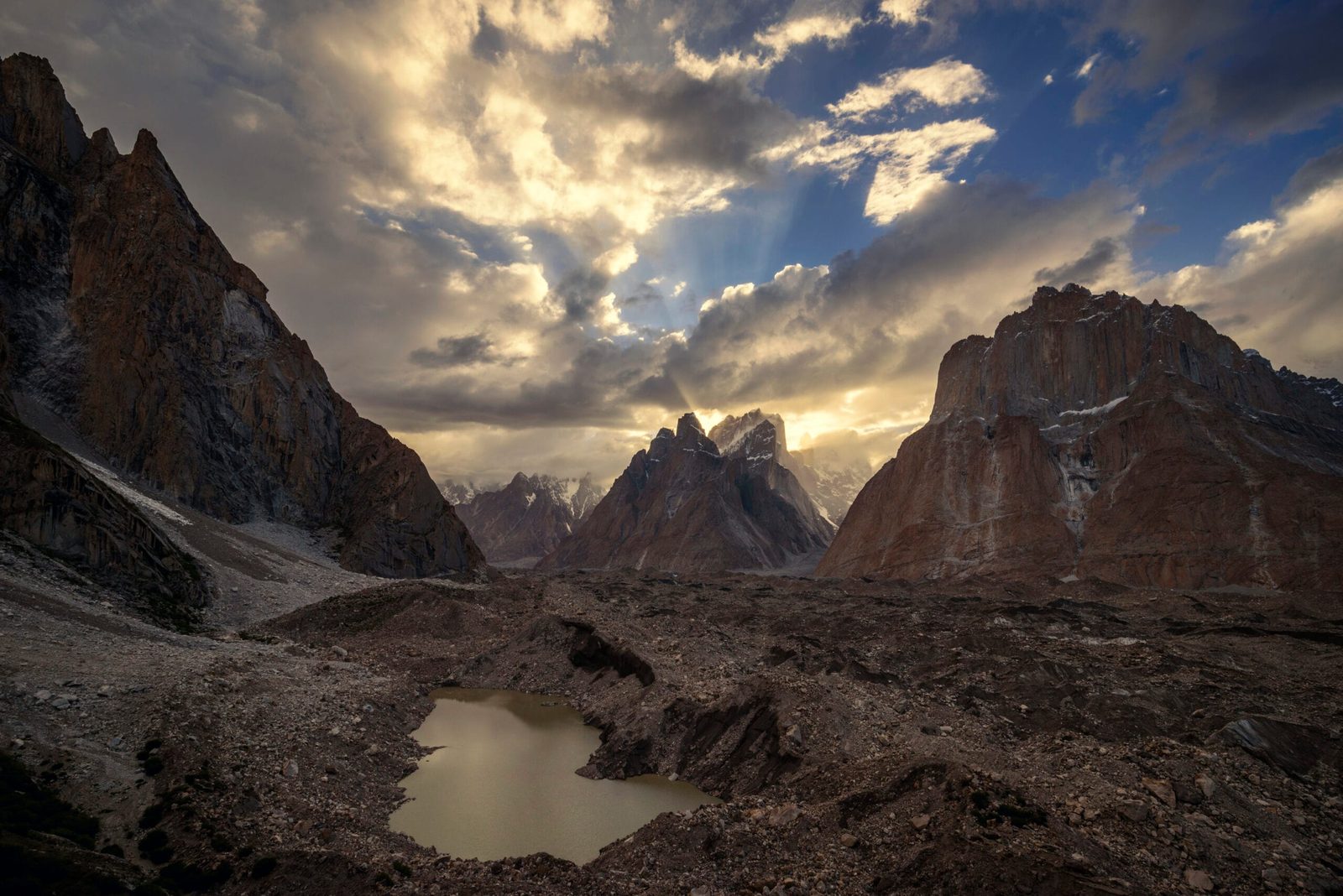 The Trango Towers rising above the Baltoro Glacier in the Karakoram, Pakistan, beside the old Mustagh Pass crossing