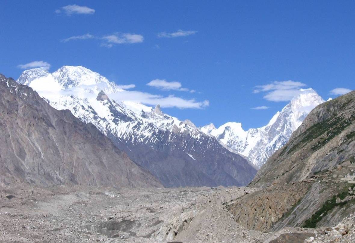 Broad Peak Central and Broad Peak Main seen from the Baltoro Glacier with Gasherbrum IV on the right