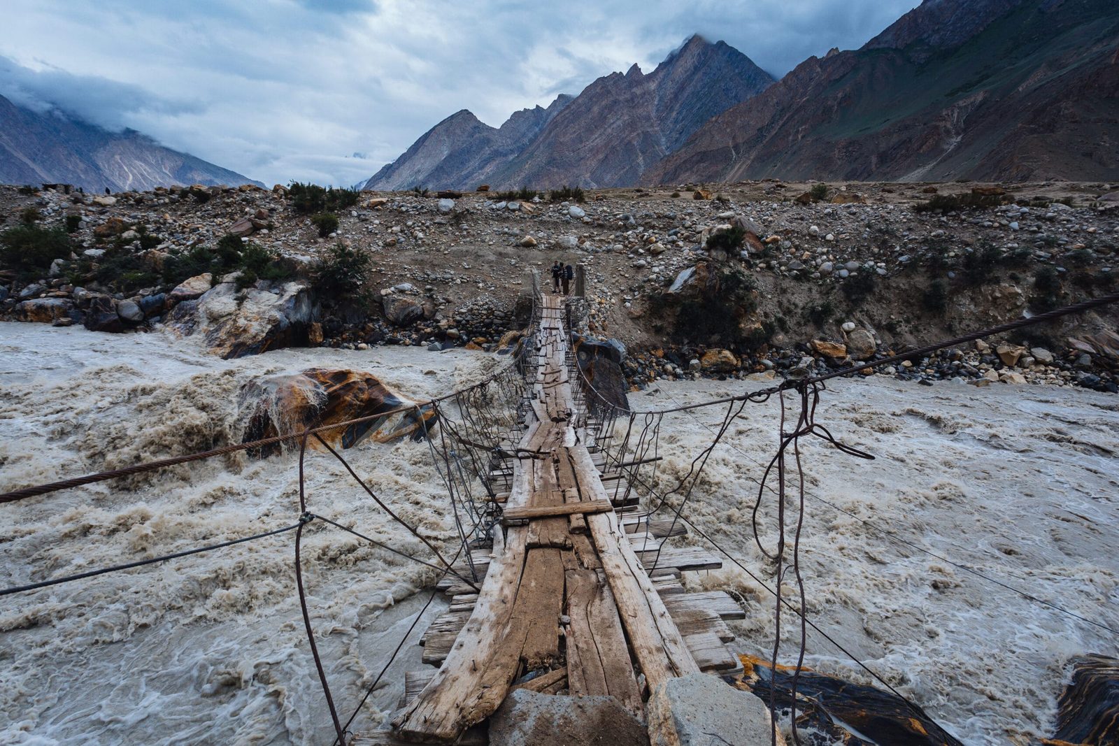 Simple suspension bridge over a braided side-stream of the Braldu River near Askole