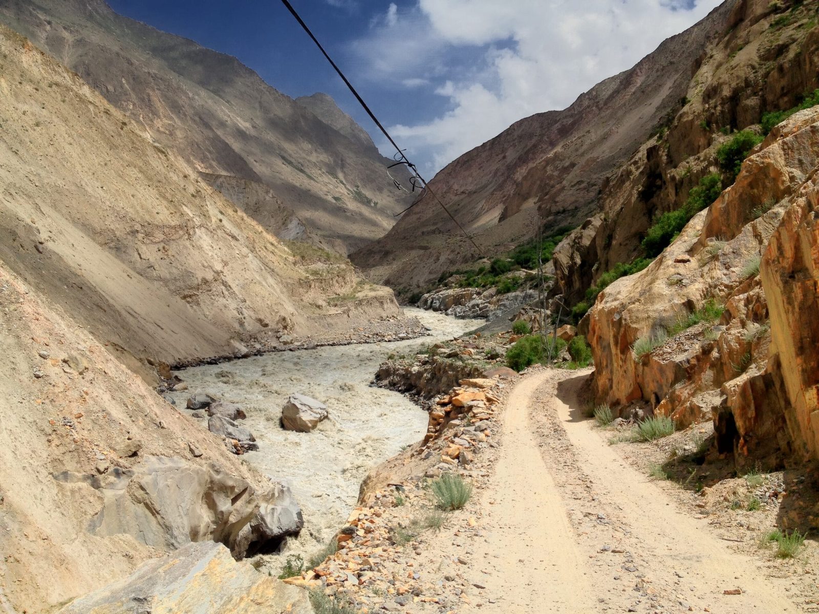 The grey Braldu River in its gorge below the unpaved Shigar to Askole jeep road