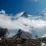The three summits of Broad Peak seen from the Godwin-Austen Glacier, with Broad Peak Central left of the main summit