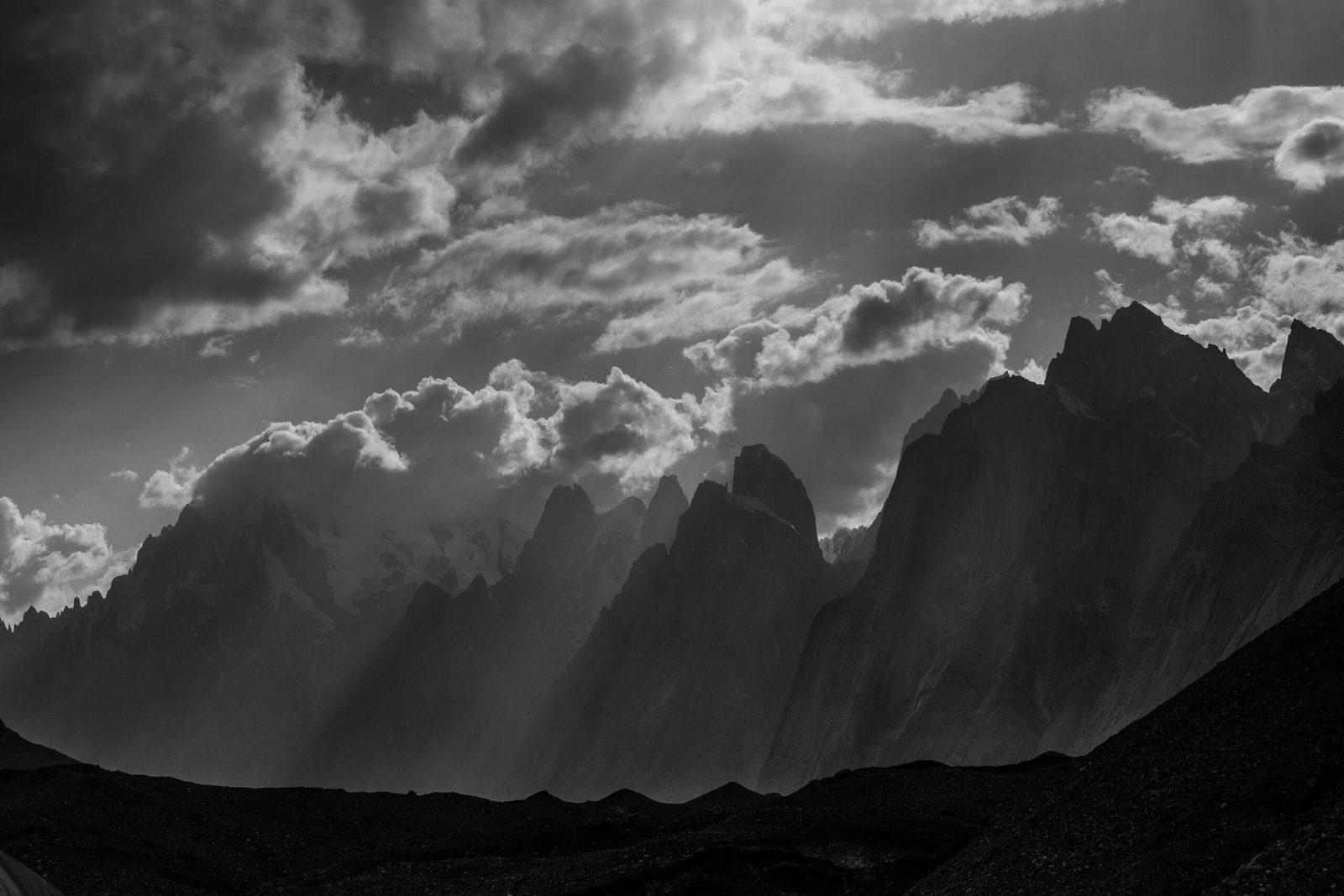 Evening light on the Trango granite walls seen from the Baltoro Glacier trek