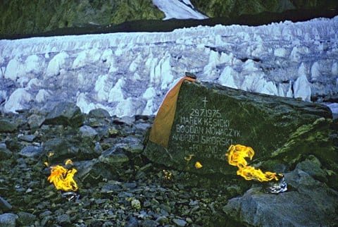 Memorial boulder at Broad Peak base camp commemorating the Polish climbers lost after the 1975 first ascent of Broad Peak Central
