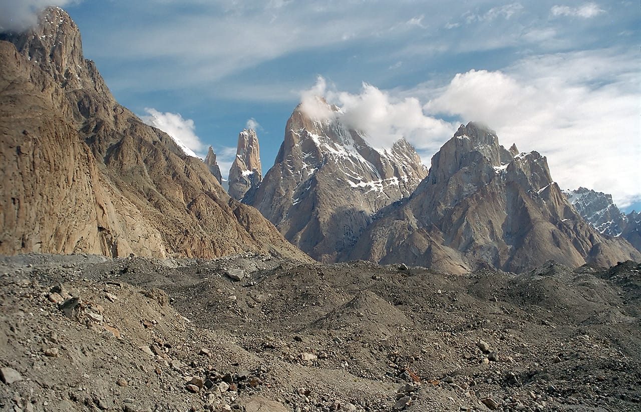 The Trango group of granite towers above the Baltoro Glacier in the Central Karakoram